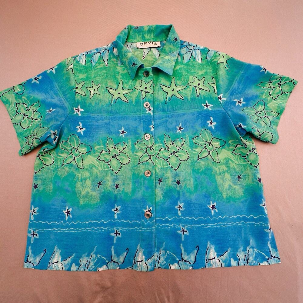 Orvis Shirt Womens Medium Green Blue Watercolor Floral Beach Button Up USA